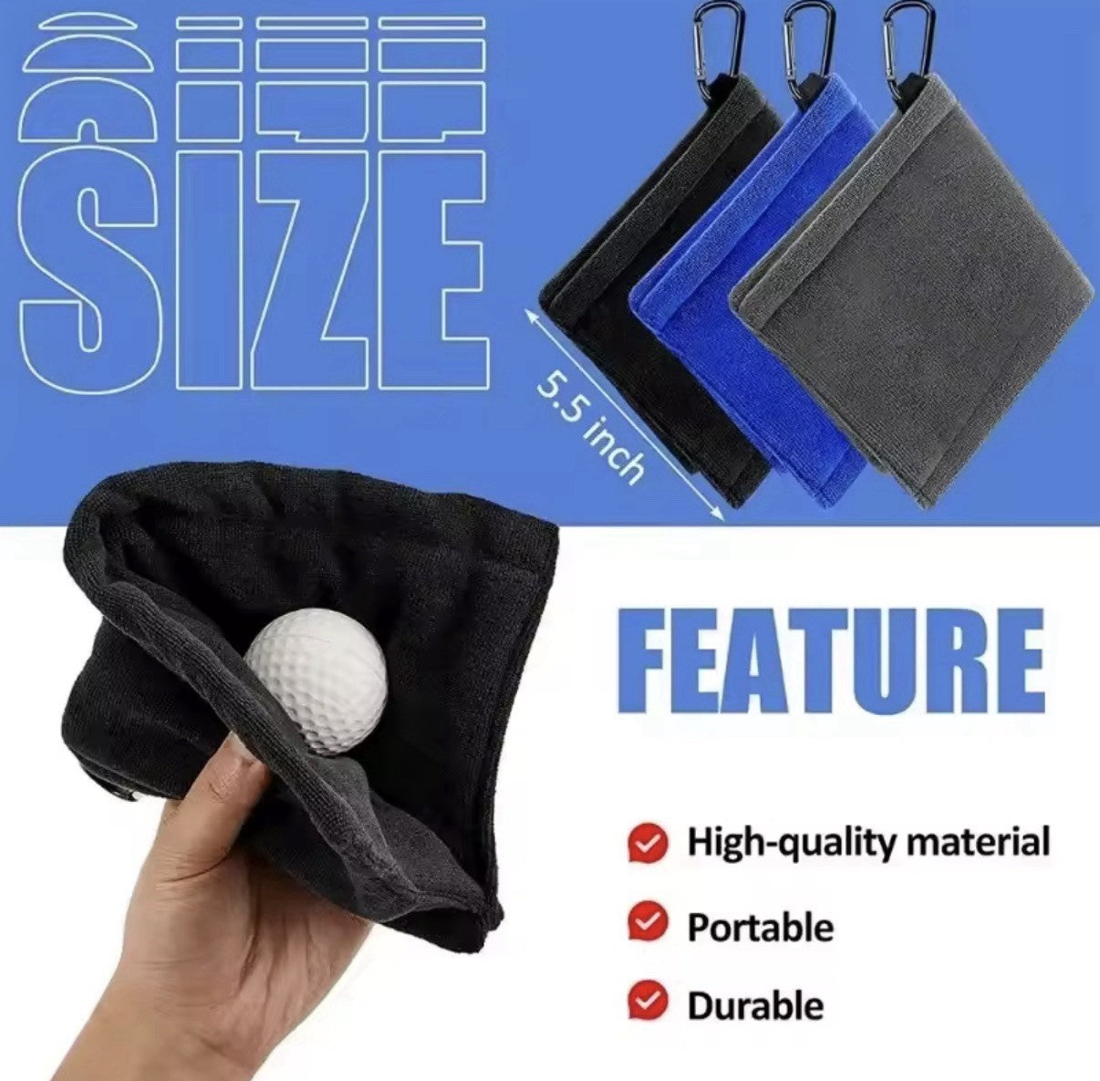 Golf Ball Cleaning Towel Attachable Carabiner Microfiber Cleaning FREE DELIVERY