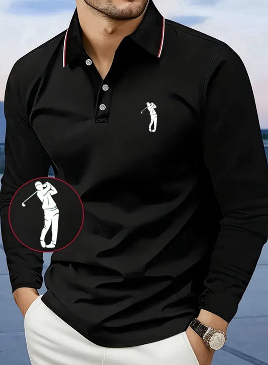 Men’s Golf Polo Shirt Black Long Sleeved Winter Logo Breathable FREE DELIVERY
