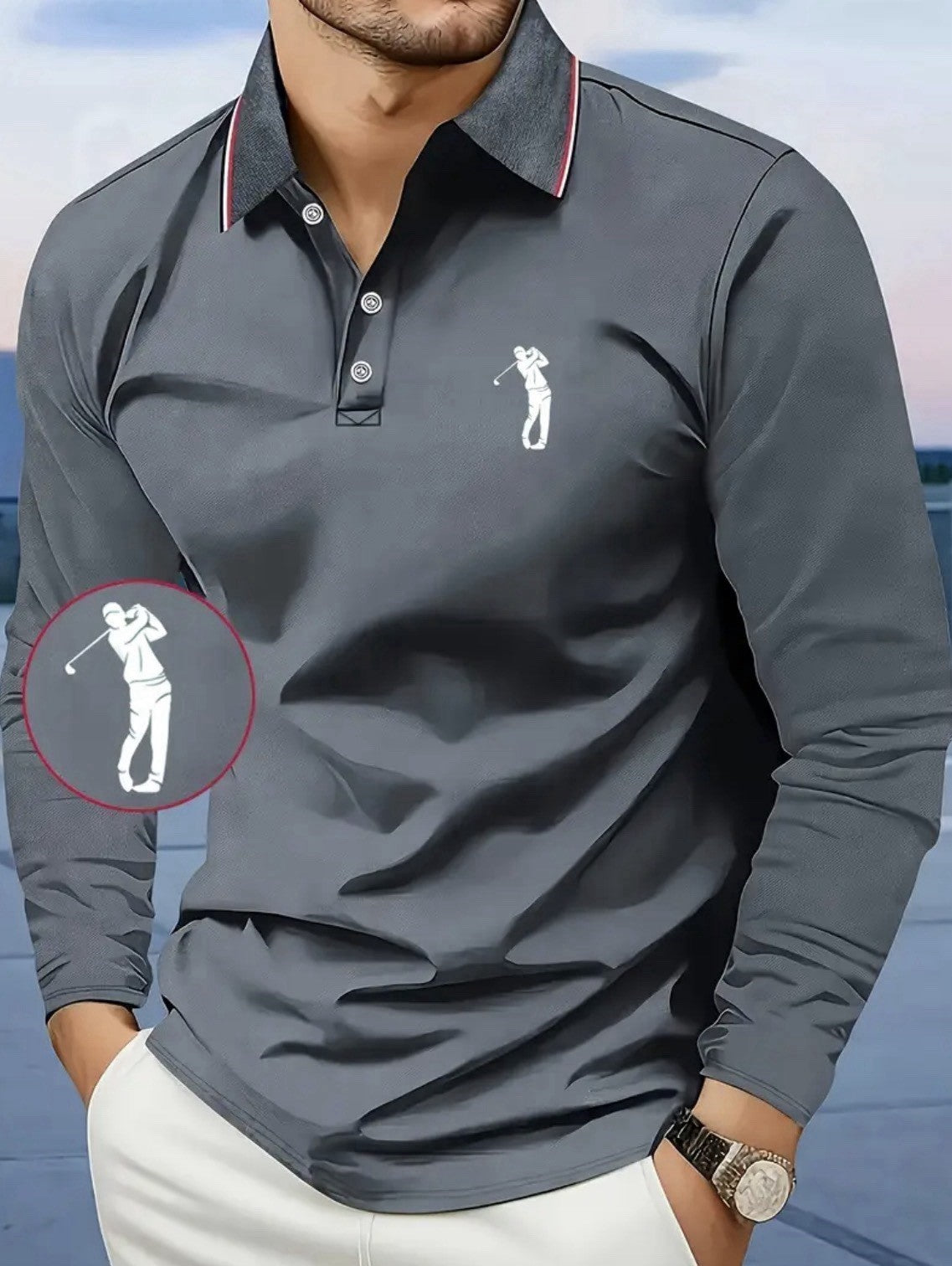 Men’s Golf Polo Shirt Grey Long Sleeved Winter Logo Breathable FREE DELIVERY